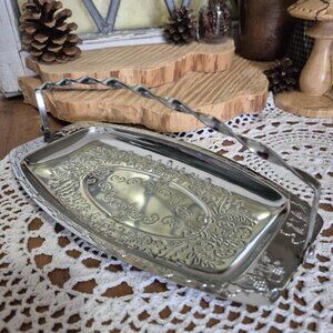 Set of 2 Vintage Silver-toned Butter Dishs with Folding Handles - Serving Tray